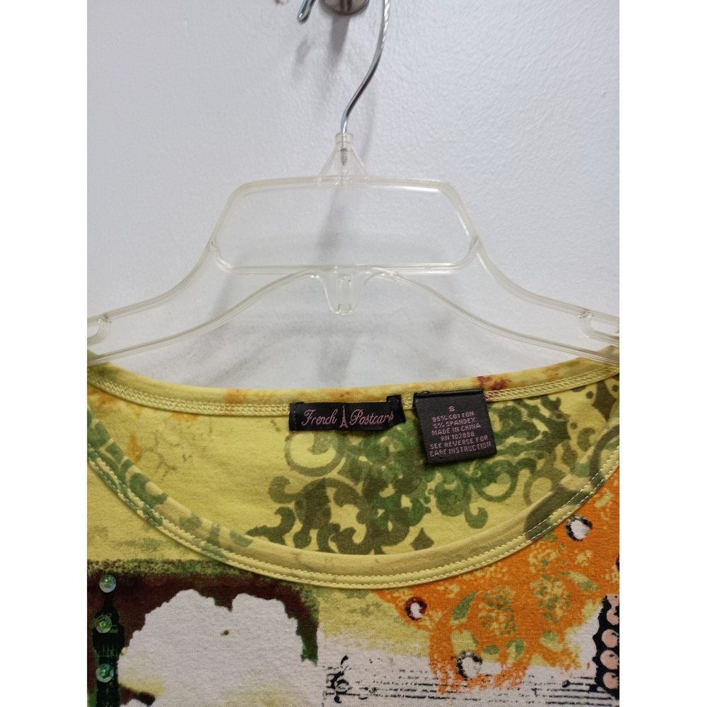 French Postcards Wearable Art Top Womens S Yellow Paris Eiffel Tower Sequin - Picture 4 of 11